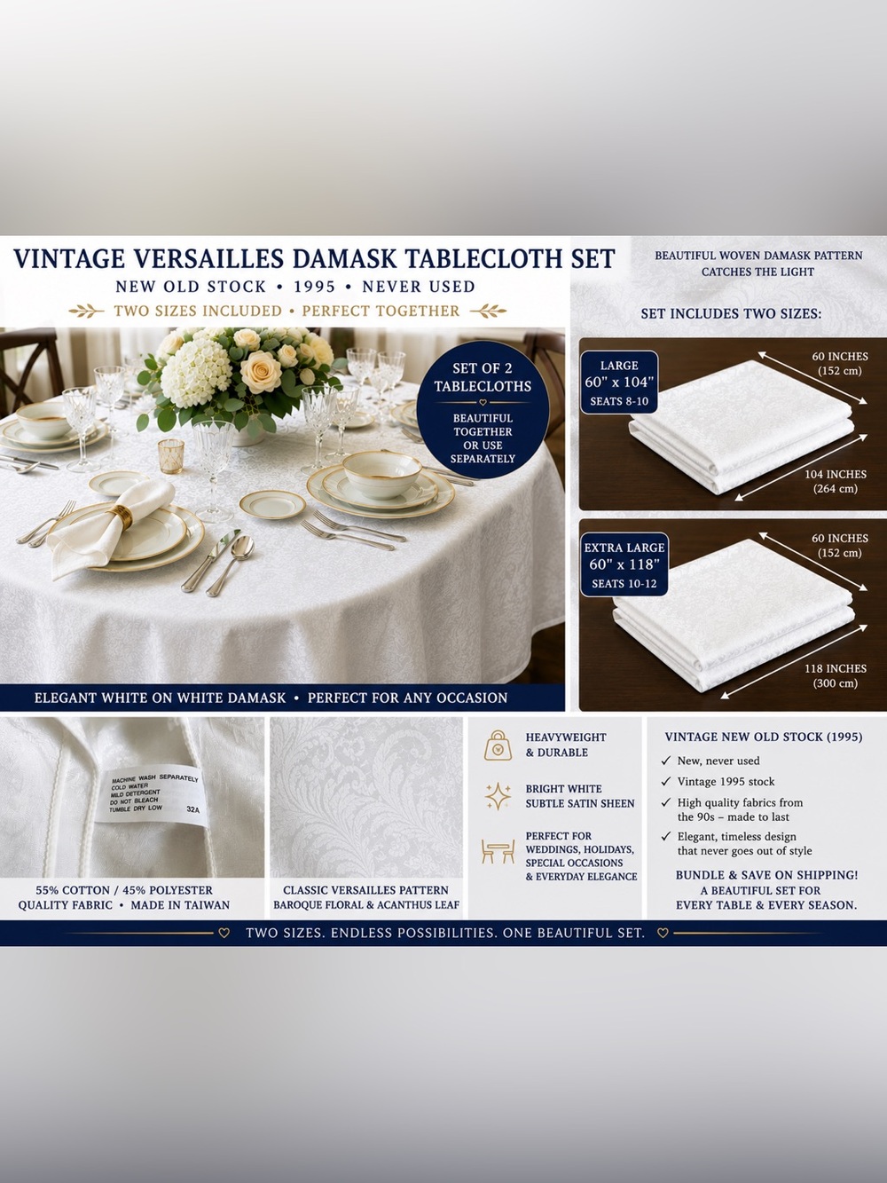 Set of 2 Vintage White Damask Tablecloths NOS 1995 Versailles Pattern Luxury